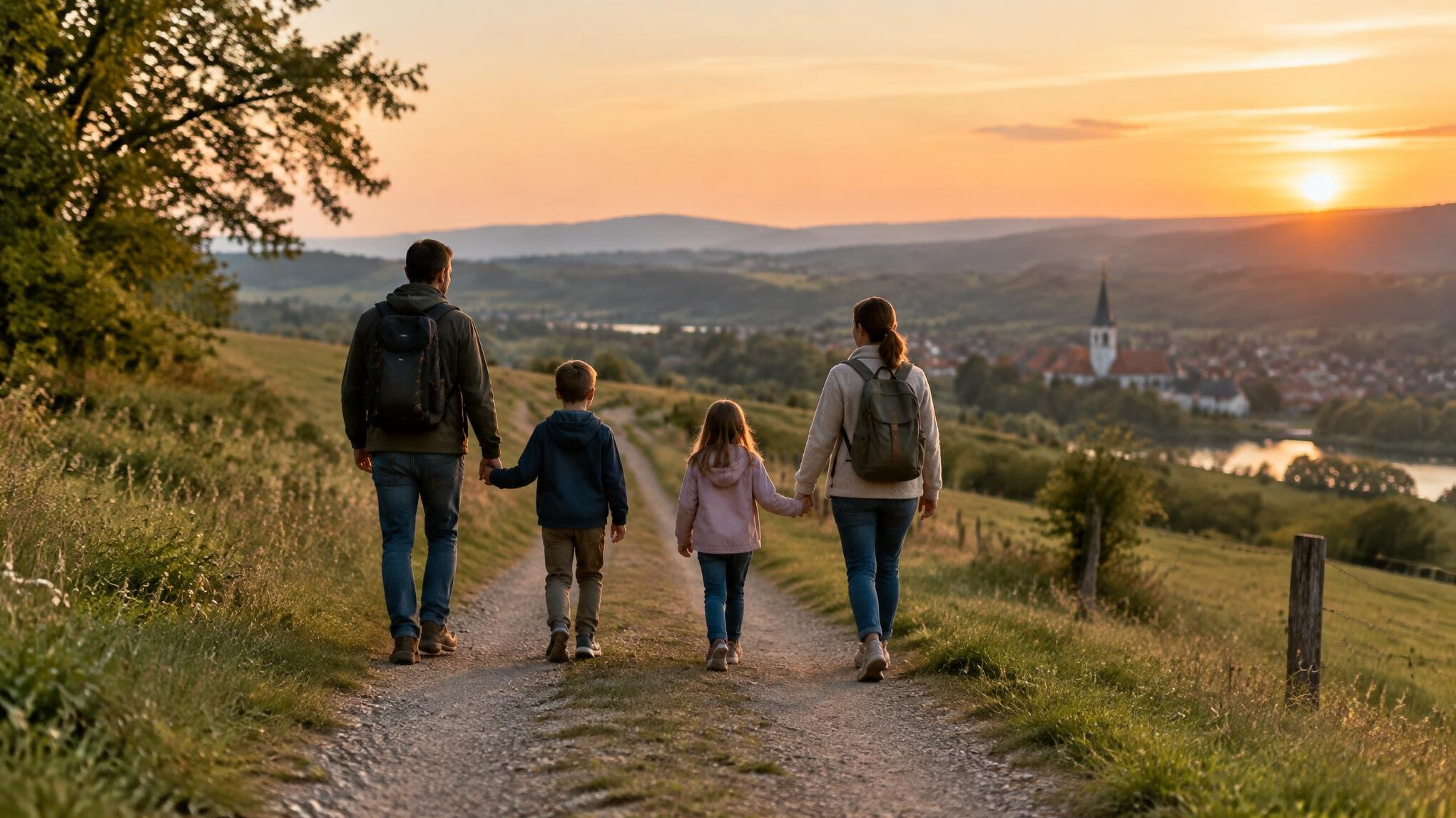 Family walking together outdoors seen from a distance