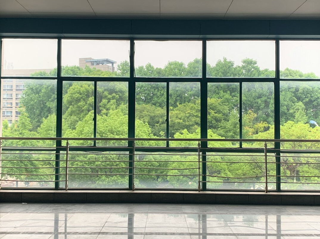 Bright open plan office with large windows